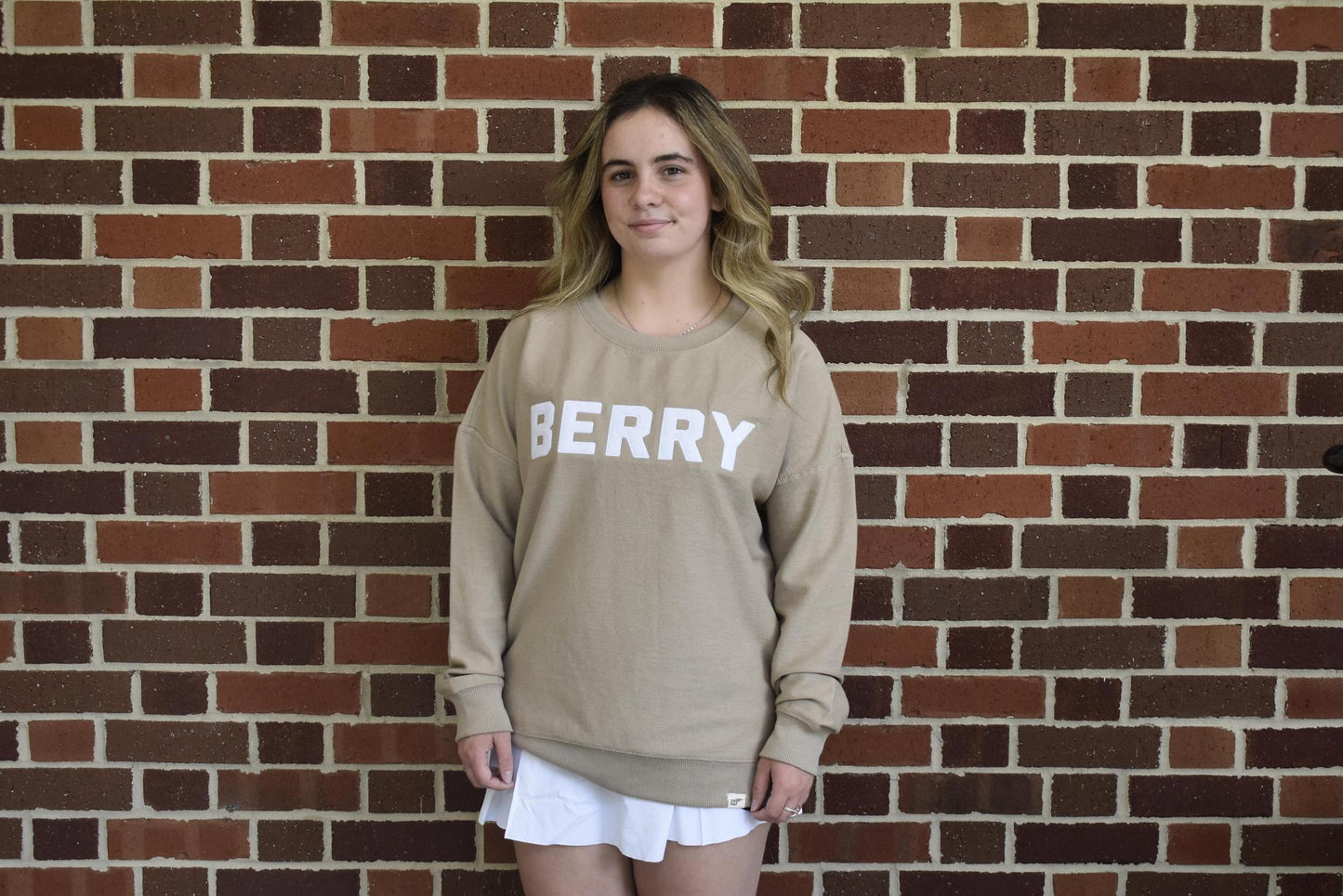 Khaki Reverse Terry Crew w White Berry Applique