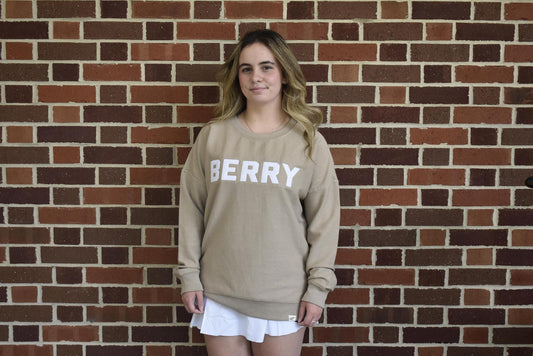 Khaki Reverse Terry Crew w White Berry Applique