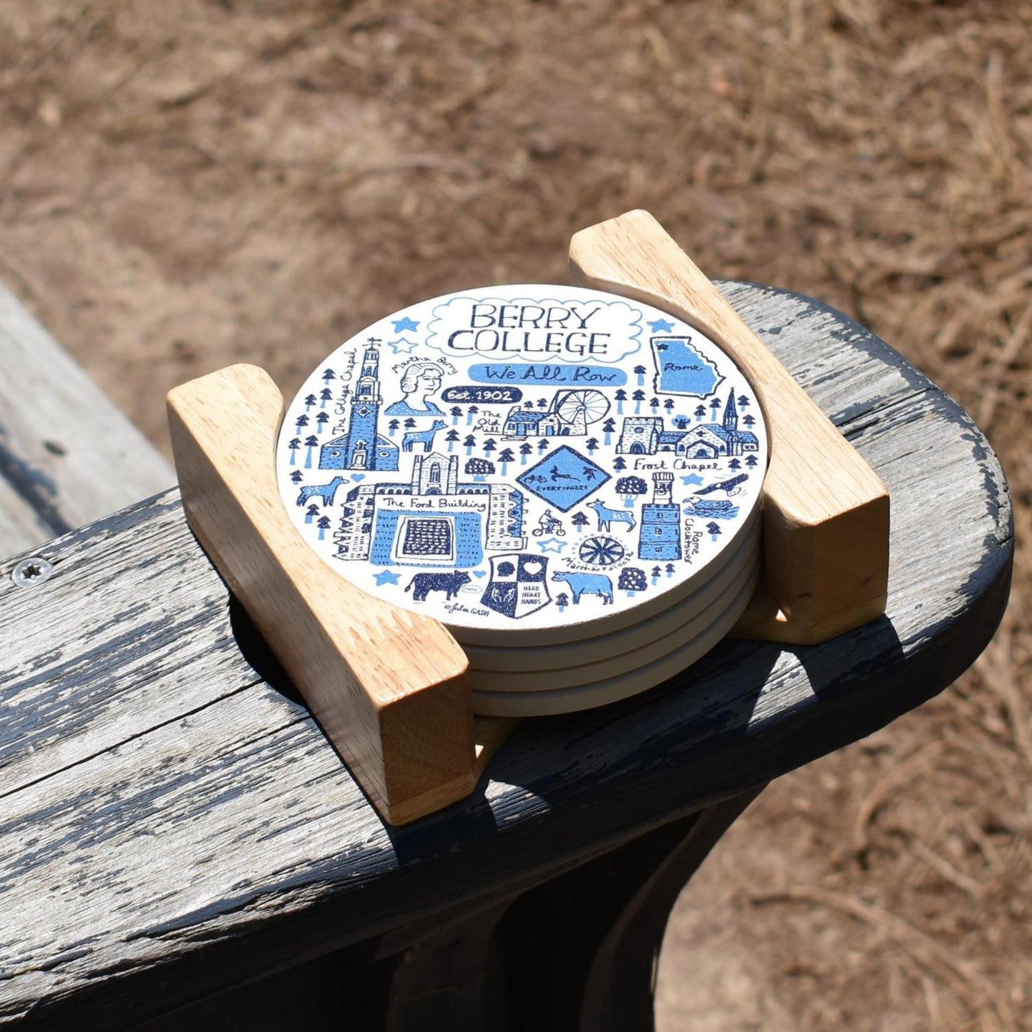 Julia Gash 4 Pack Round Stone Coasters w/ Wood Holder