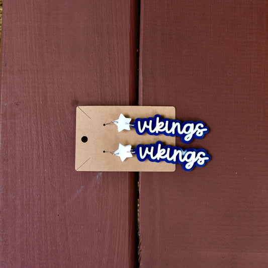 dangle earrings with white stars at the top and "vikings dangling off of them in white lettering with a blue outline
