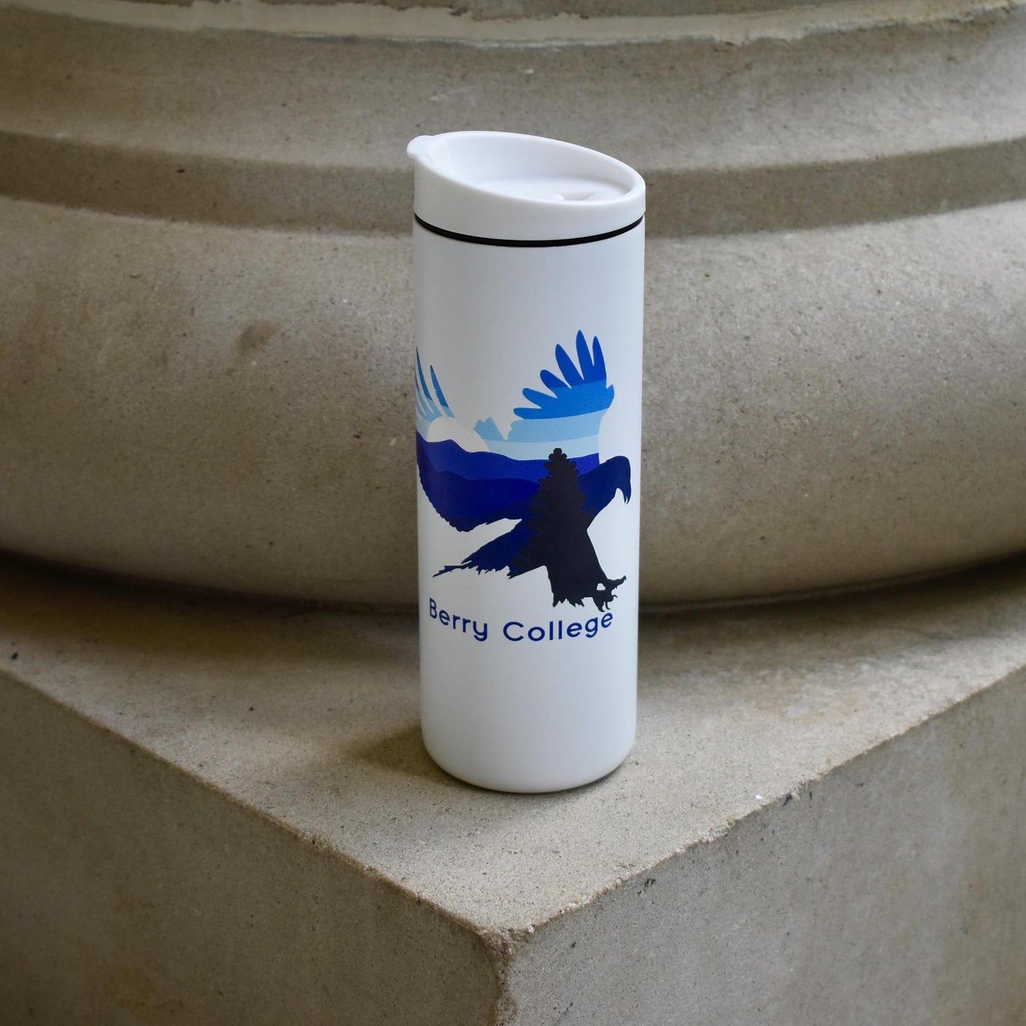 White tumbler with eagle graphic that says Berry College