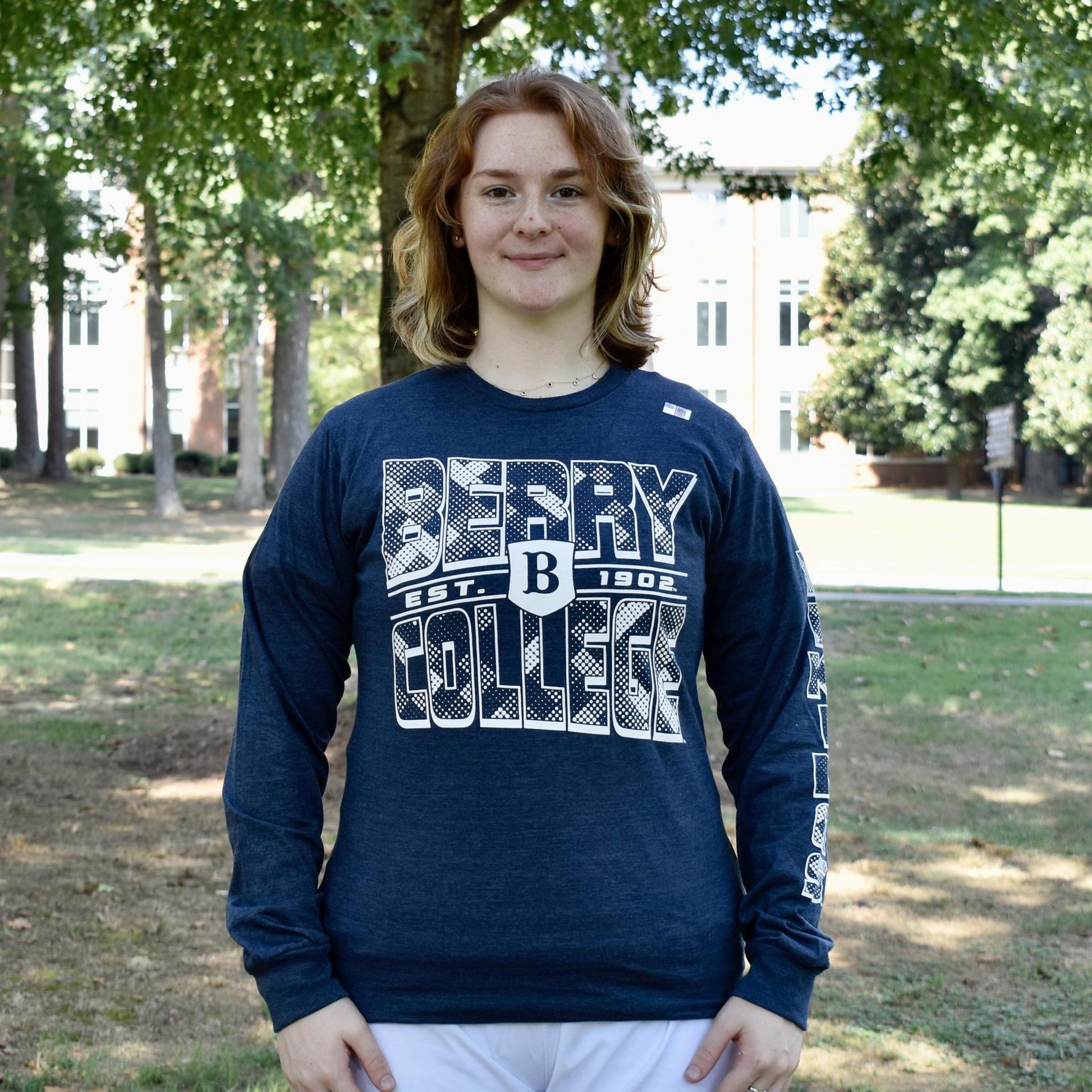 navy blue long-sleeve t-shirt with a white 'BERRY COLLEGE EST. 1902' graphic on the front.